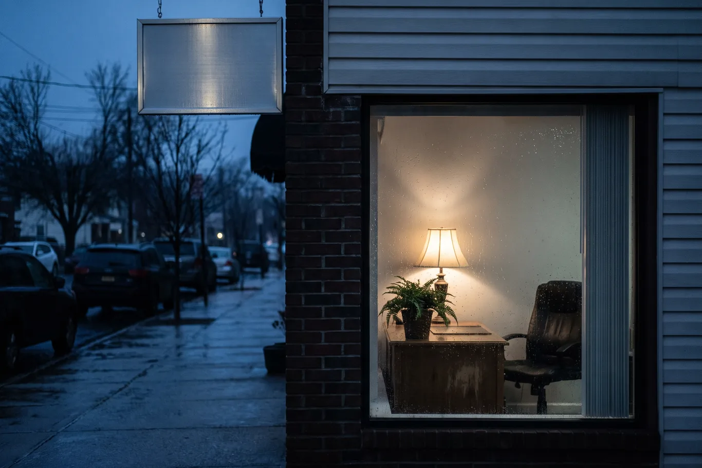 A clinic reception window at blue hour seen from the sidewalk, one desk lamp on inside and the sign frame empty
