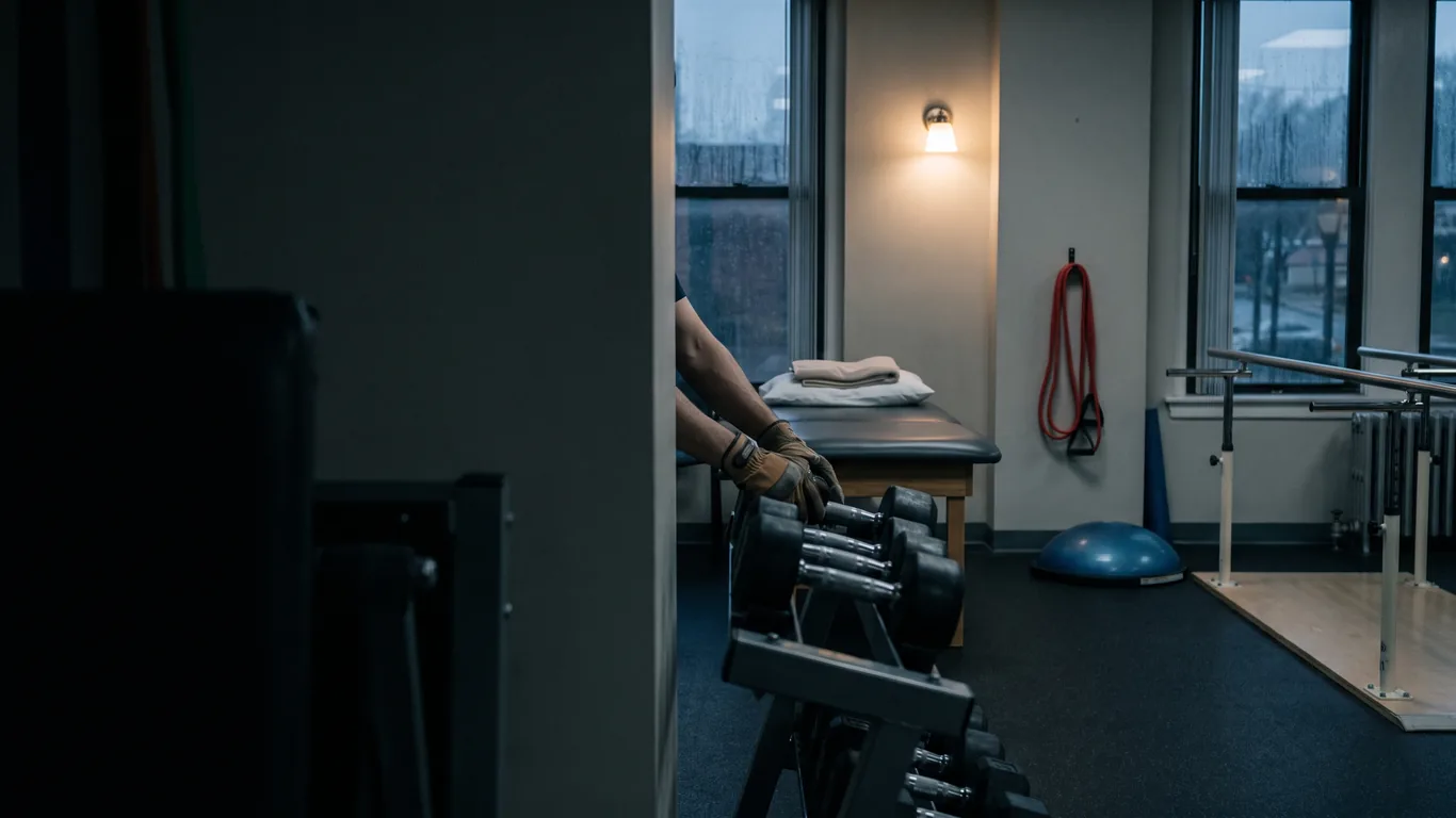 A physical therapy gym at dusk, hands re-racking a dumbbell on the rack beside a treatment table and a resistance band