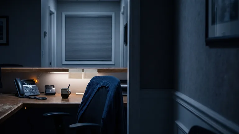 A practice phone on an empty front desk at lunchtime, its handset in the cradle and one line blinking, the office beyond dim and quiet