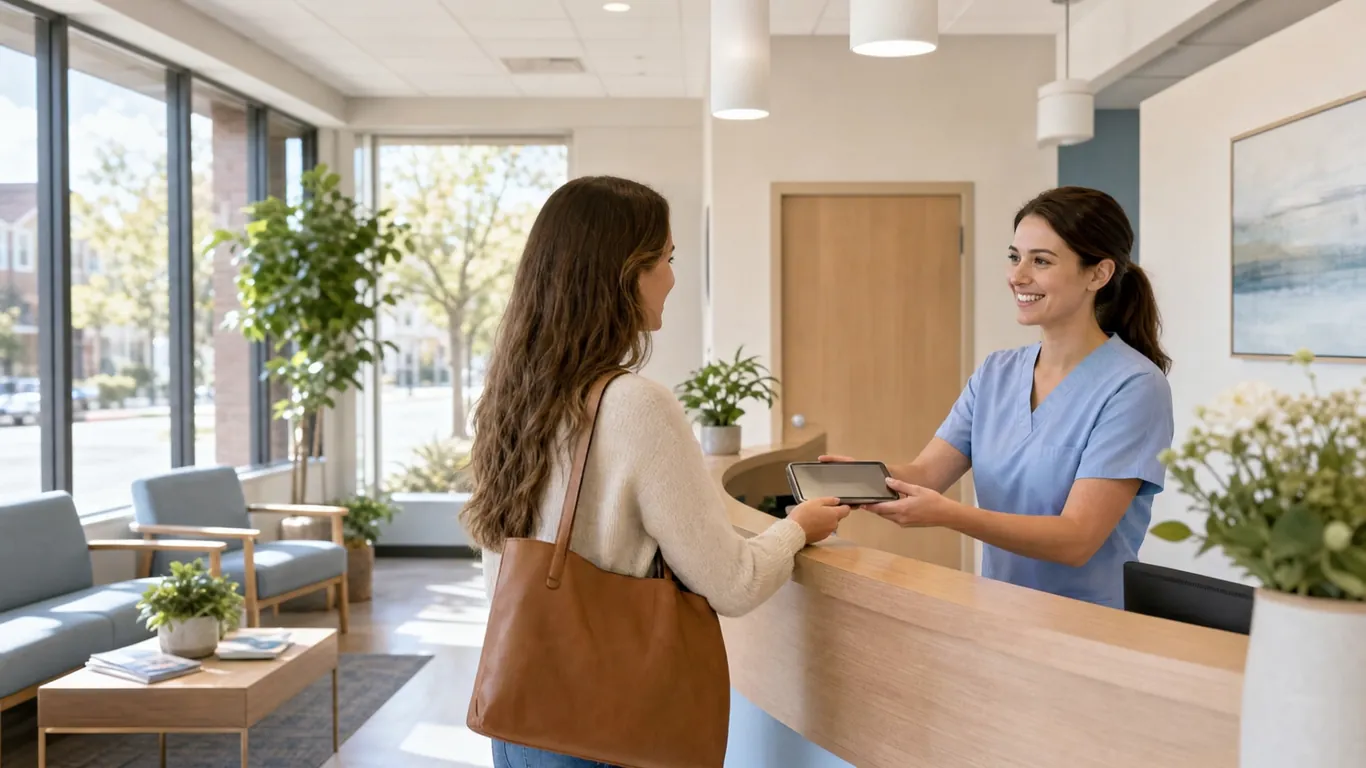 A clinician in scrubs, seen from behind, locks the front door of a small-town New Jersey practice at blue hour, one lamp still on inside