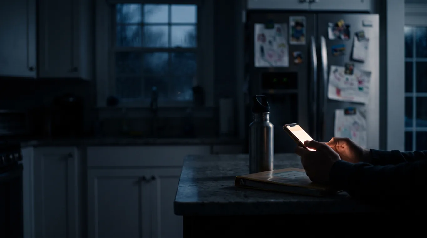 Hands hold a glowing phone at a dark kitchen counter at night, a child's water bottle and a school folder beside it