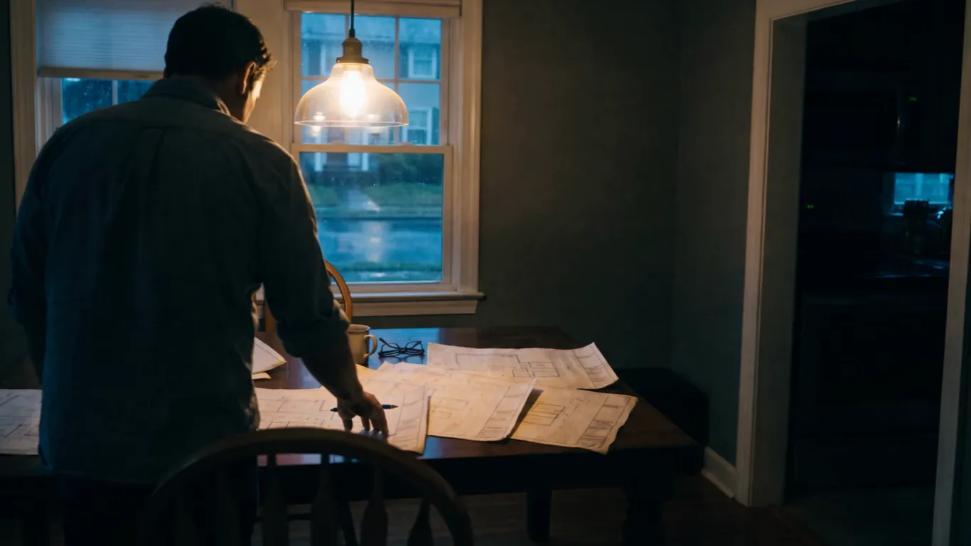 A business owner seen from behind at a dining table at night, printed page plans fanned out under one pendant lamp, the blue-hour street in the window beyond