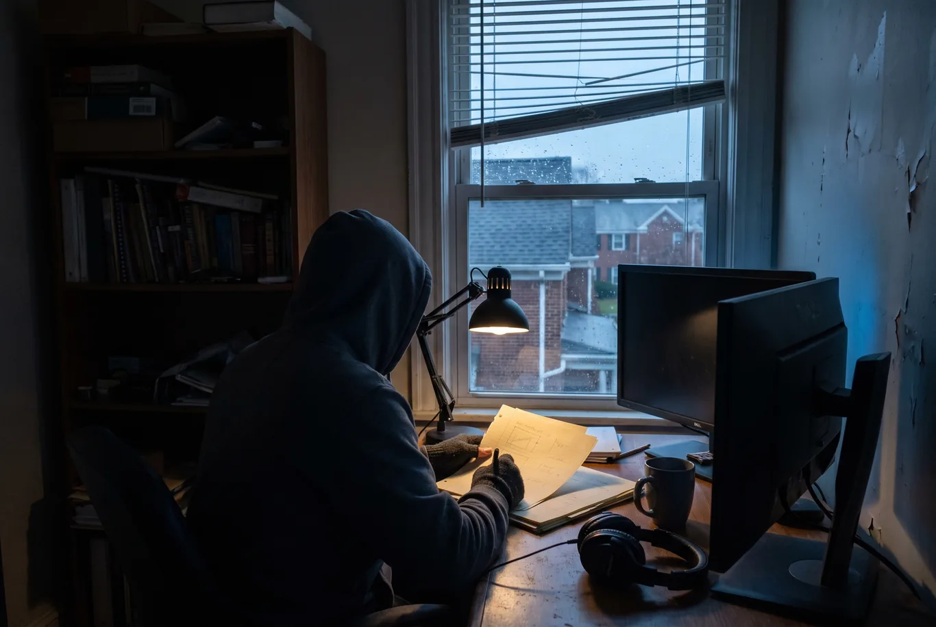 The back of a builder in a hoodie at a desk on an overcast afternoon, two monitors turned away so only their glow reaches the wall, printed page plans under a lamp