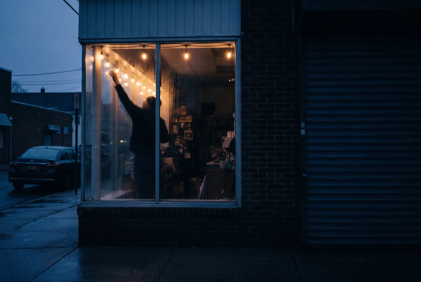 Seen from a wet sidewalk at blue hour, a silhouette inside a shop window reaching up to switch on the window lights