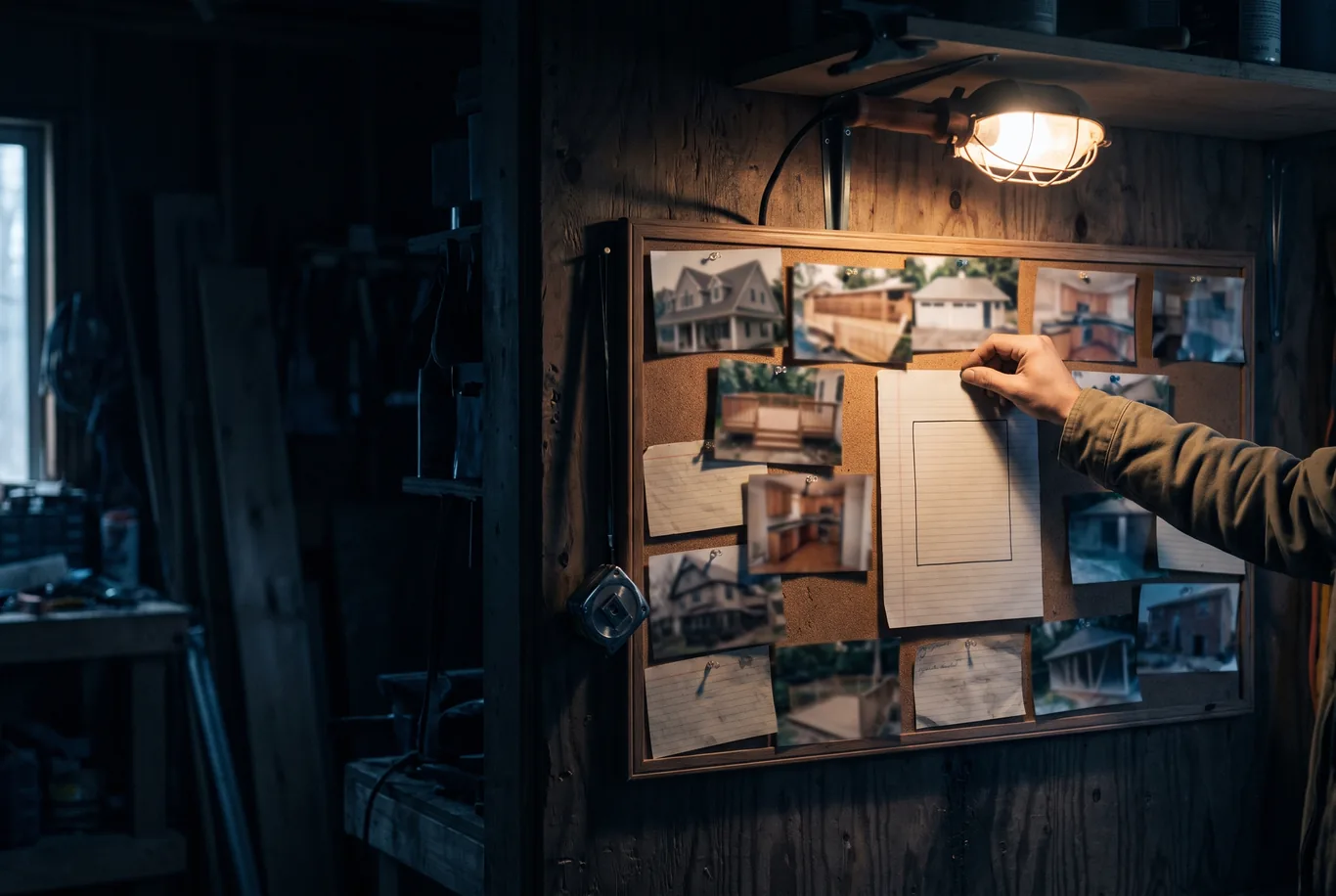 A hand pinning a single printed sheet to a shop corkboard at night among photographs of finished jobs, lit by one clamp lamp