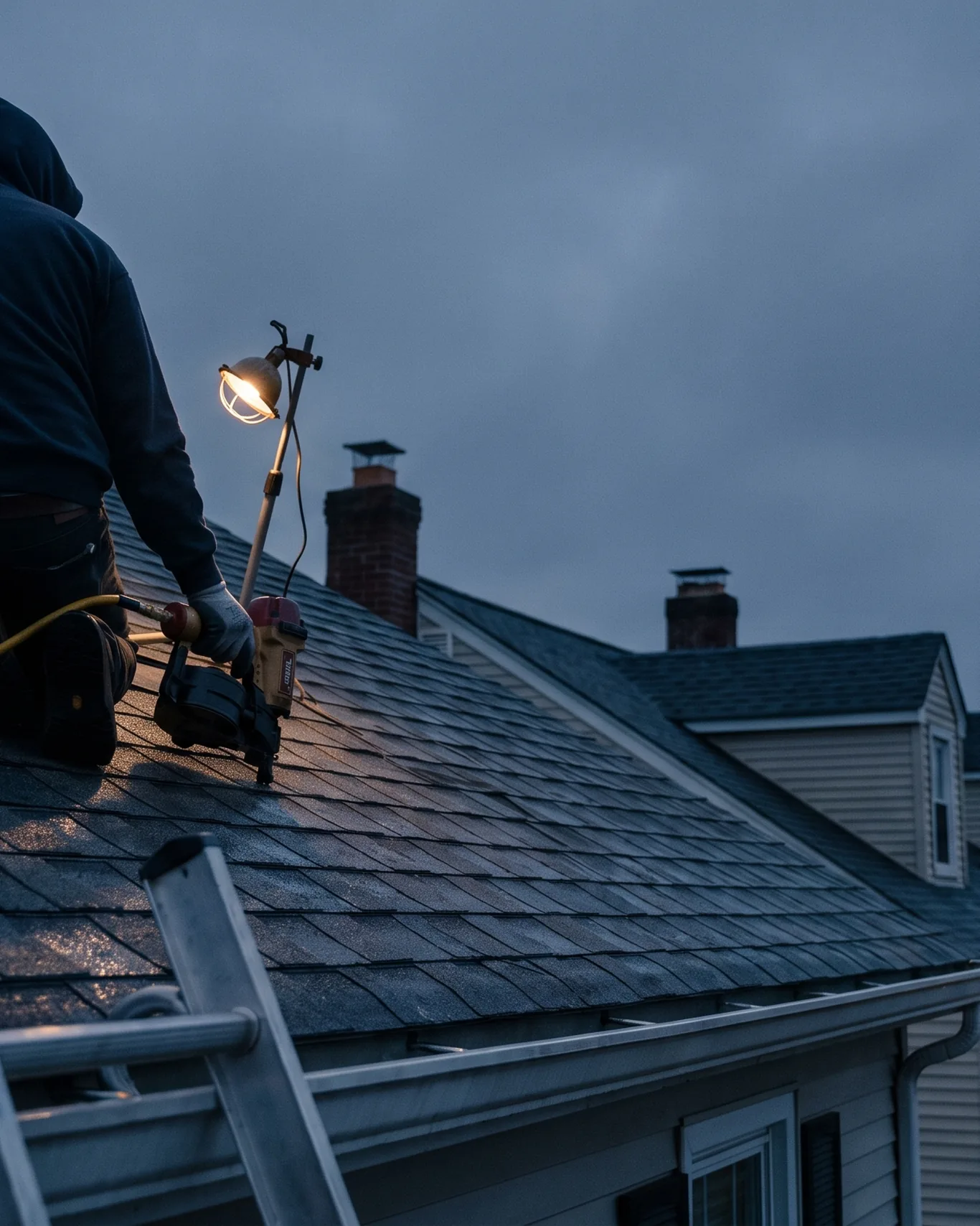 Door to the contractor plan: a roofer at blue hour