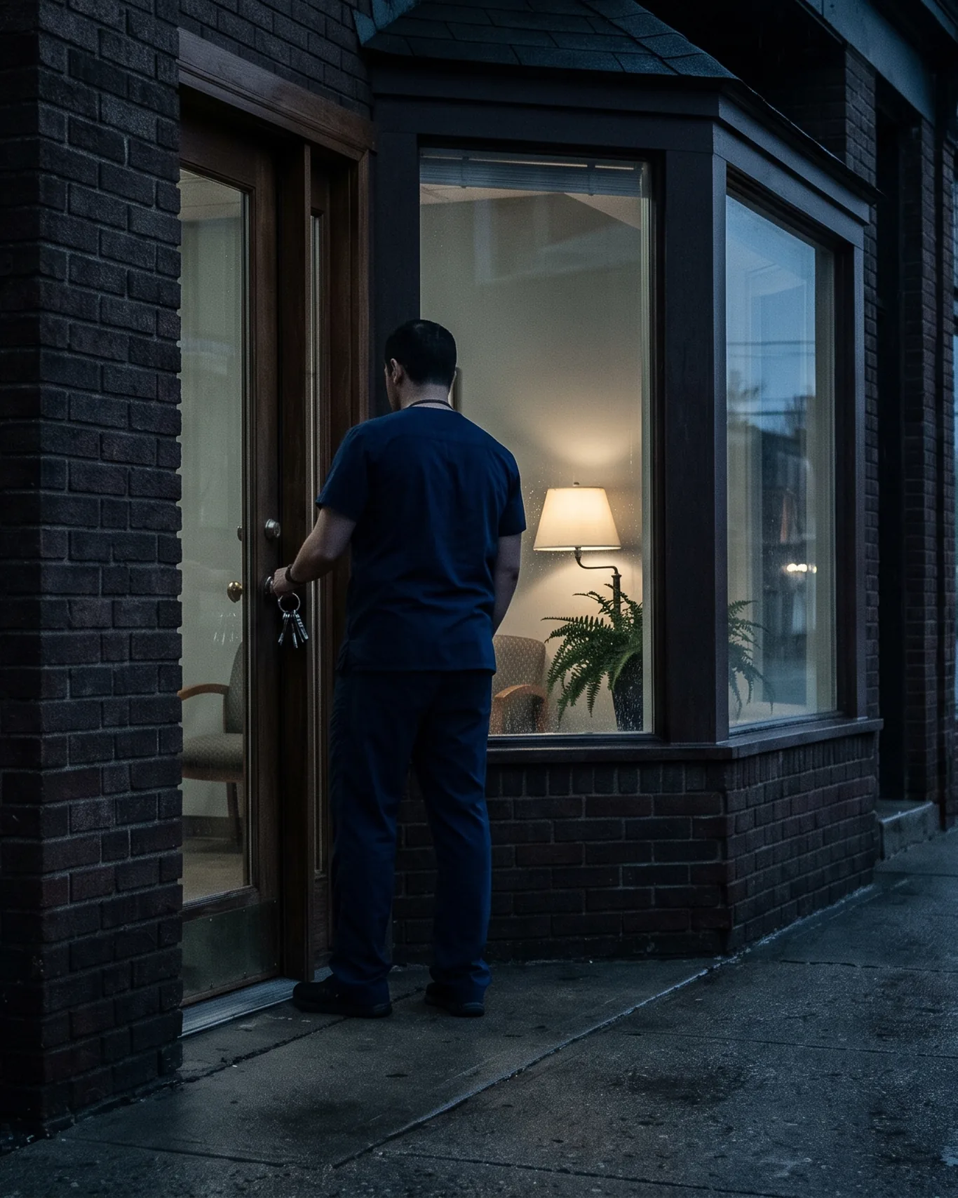 Door to the practice plan: a clinician locking up at blue hour