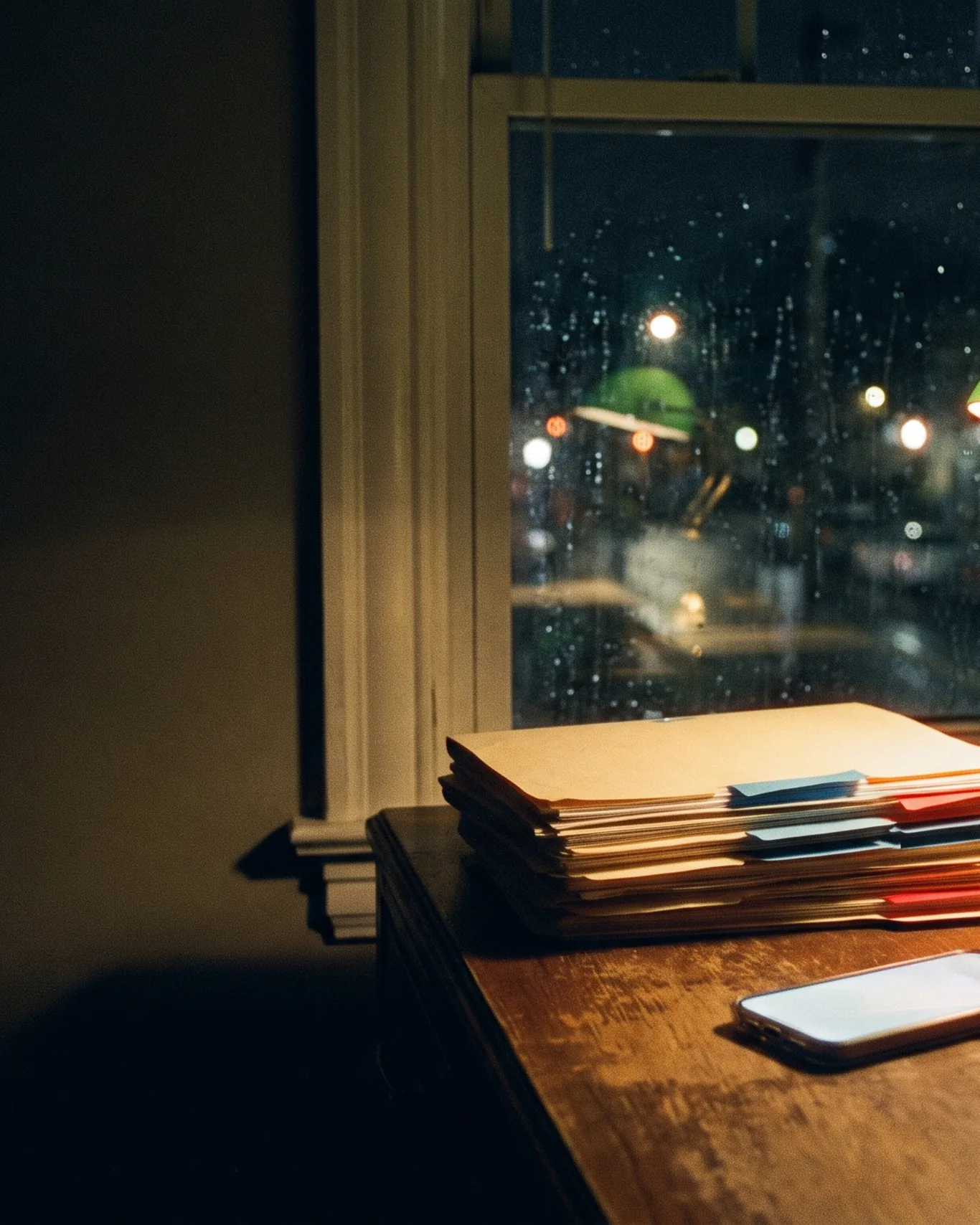 Door to the law firm plan: a lamp on a law office desk at night