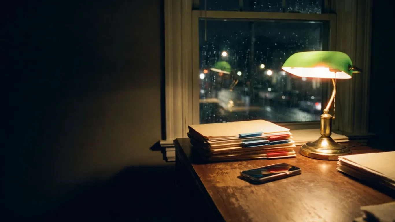 A banker's lamp lights a stack of case folders and a phone face-up on a law office desk at night, rain on the window and the street lights beyond