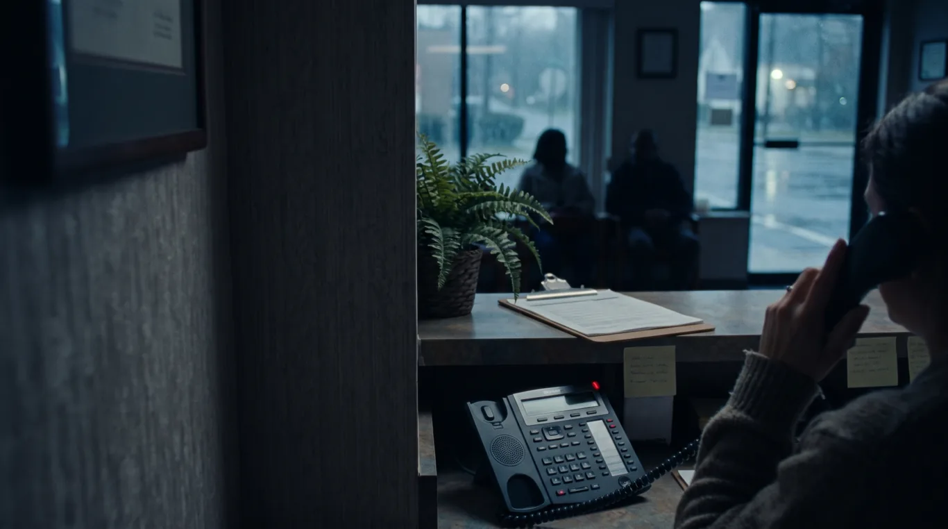 A medical office front desk at mid-morning, one hand holding a phone handset while a second line blinks on the console, the waiting room out of focus behind