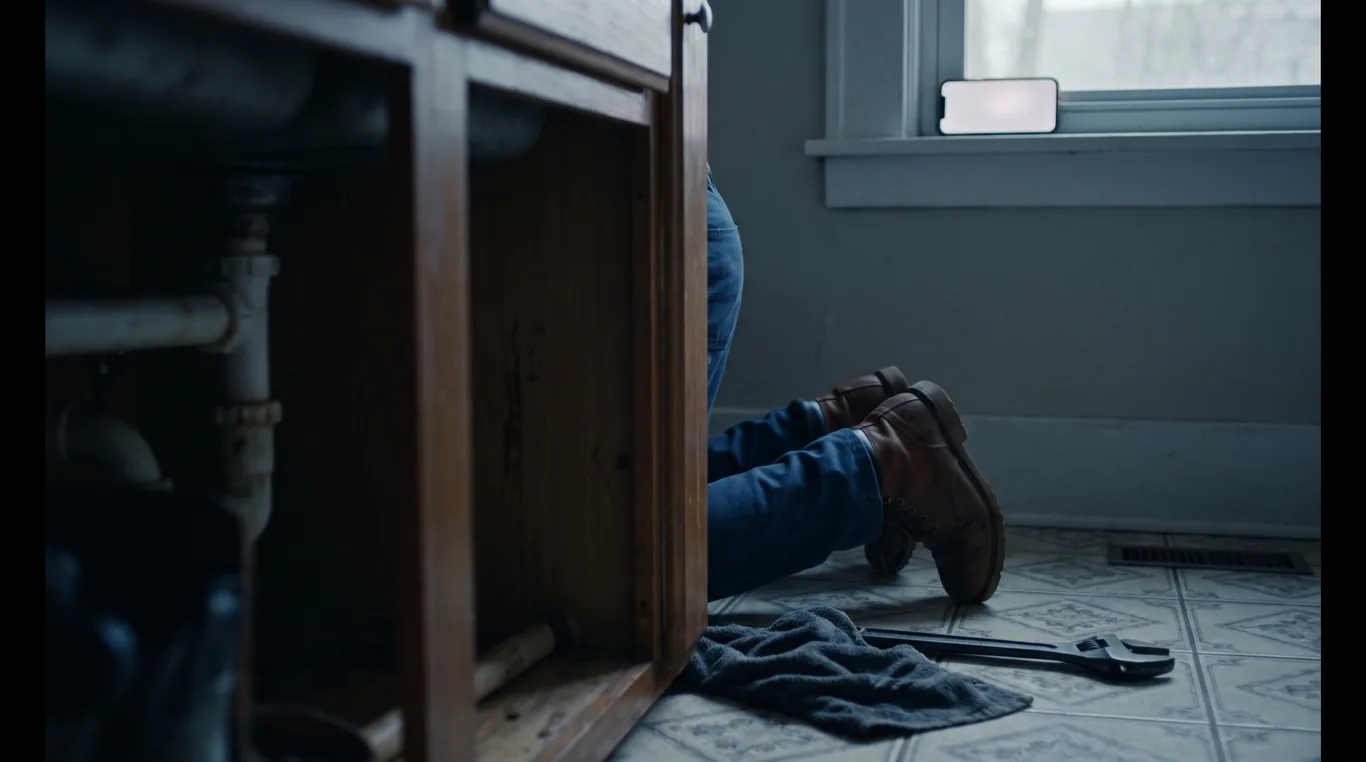 A plumber's boots under a kitchen sink while a phone lights up, unanswered, on the counter above