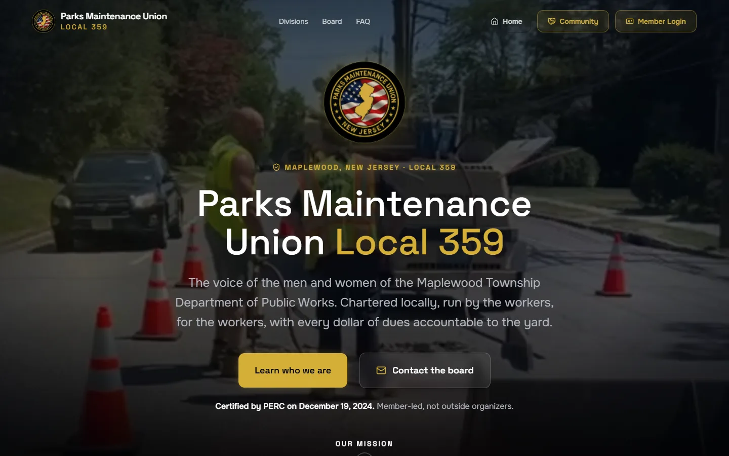 Desktop screenshot of the PMU Local 359 member site home page