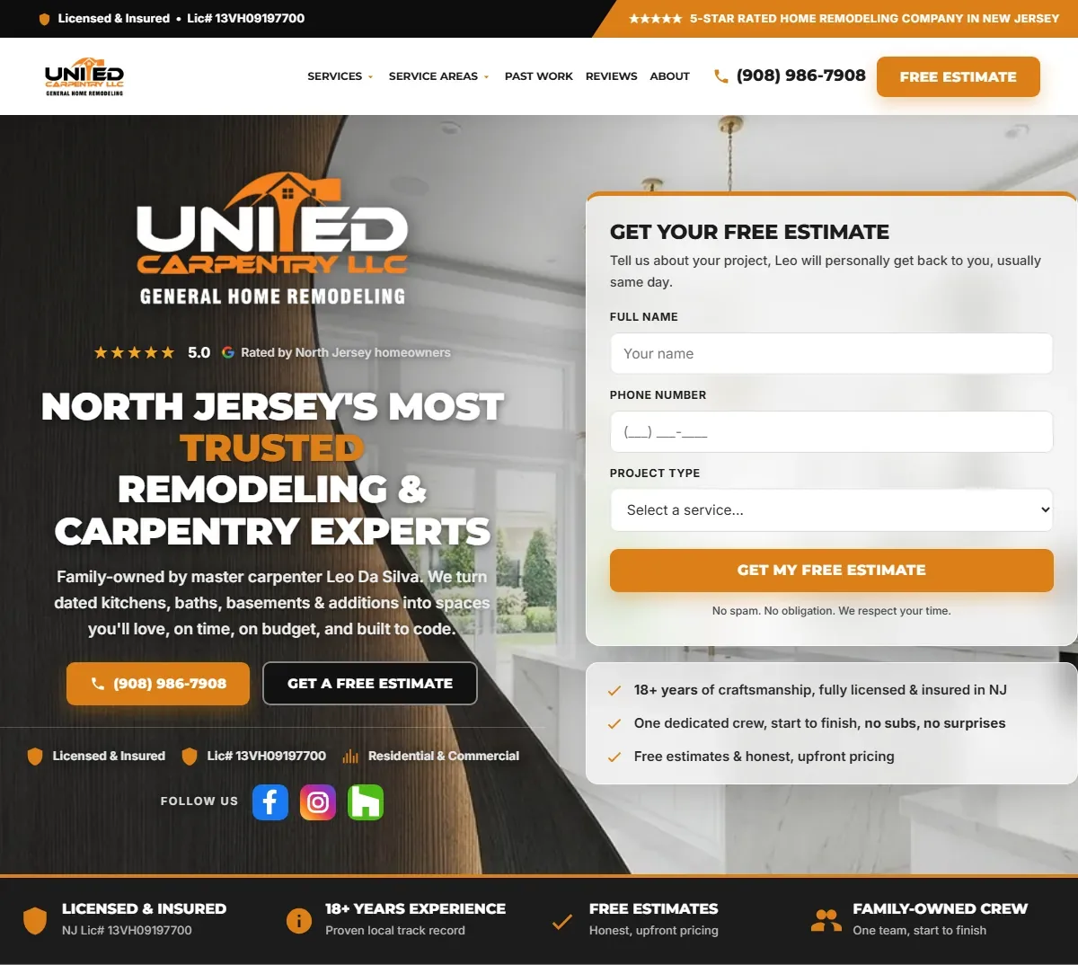The rebuilt United Carpentry homepage from its hero down through the row of licence and warranty facts