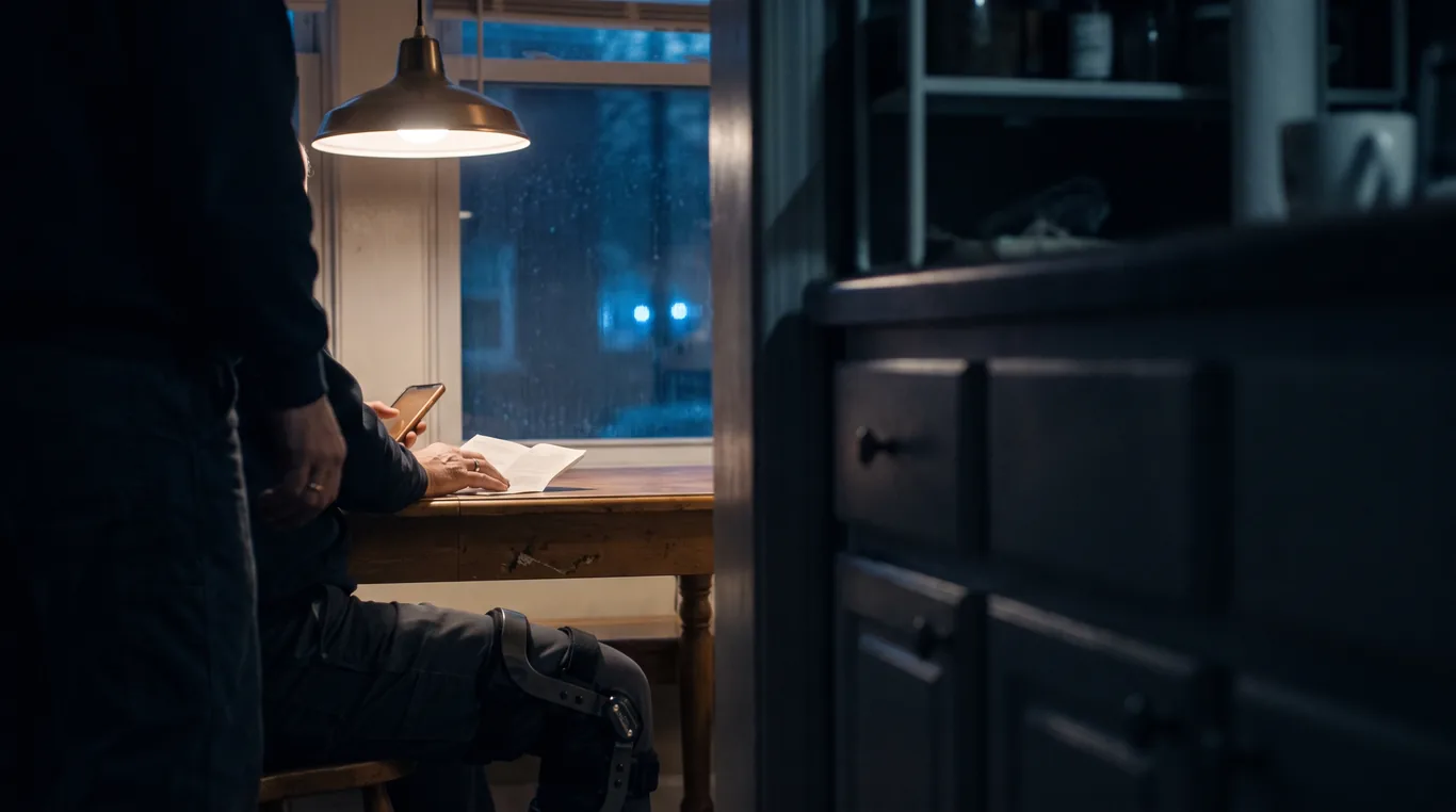 A kitchen table in the evening, a folded paper referral under one hand and a phone glowing in the other, a knee brace visible below the table