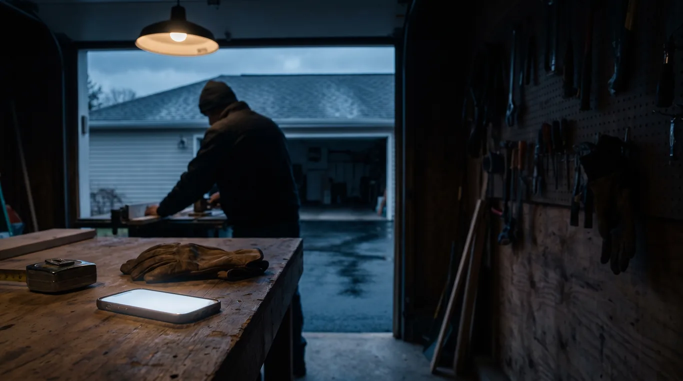 A phone lighting up on a garage workbench beside a pair of work gloves, the worker's back out of focus at the far end of the shop