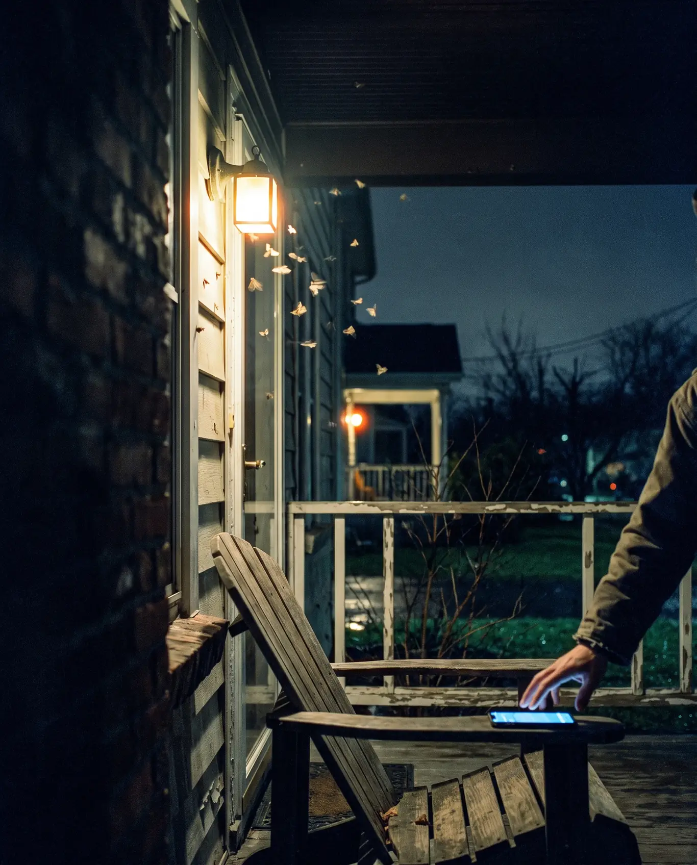 A phone lighting up on the armrest of a porch chair at night, a hand reaching for it, moths at the porch light