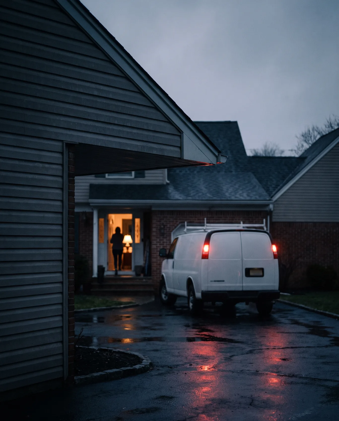 A work van pulling into a suburban driveway at dusk, a homeowner's silhouette in the lit doorway