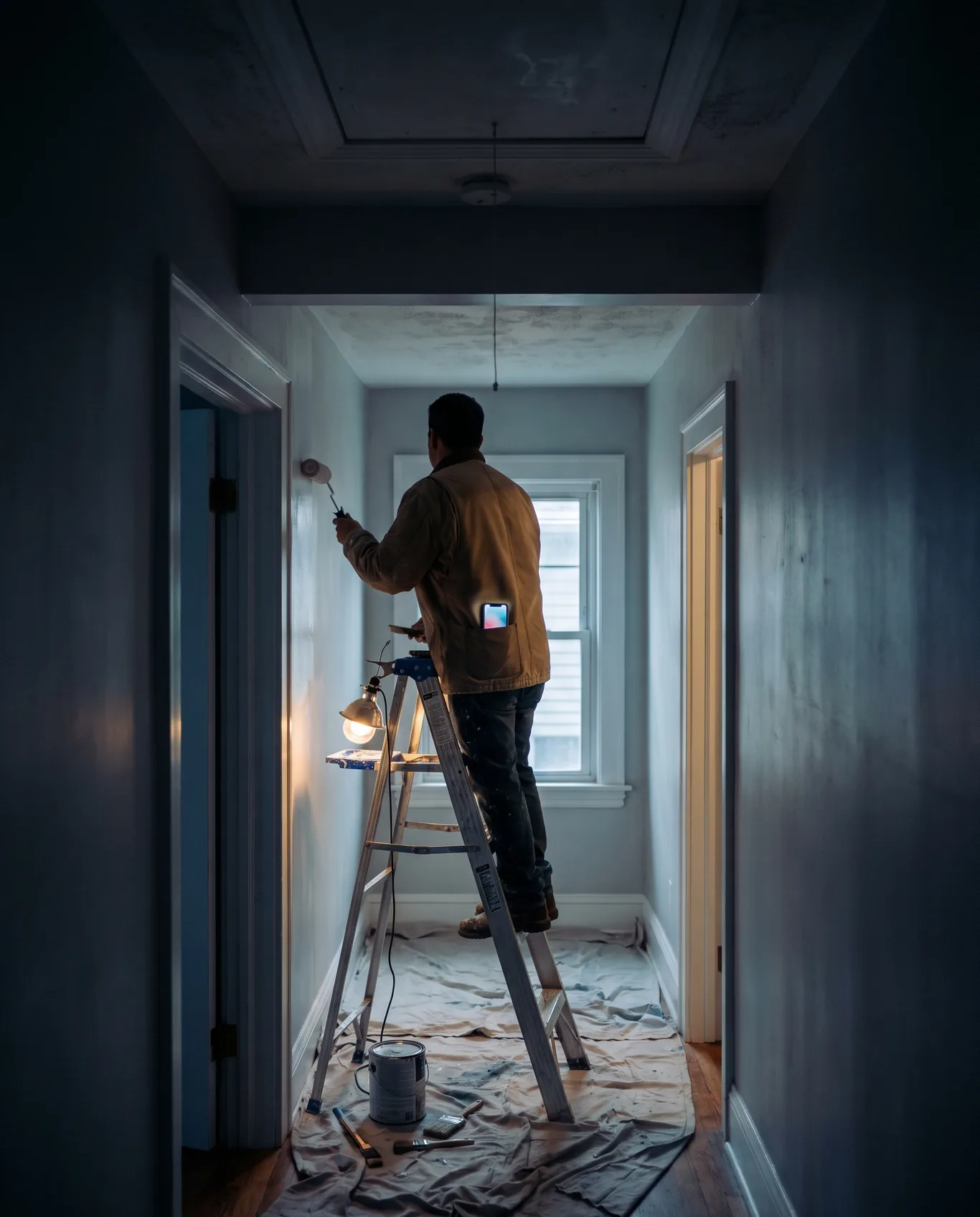 A painter on a ladder in a hallway, back to the camera, a phone lit up in the pocket of a jacket hanging on the ladder