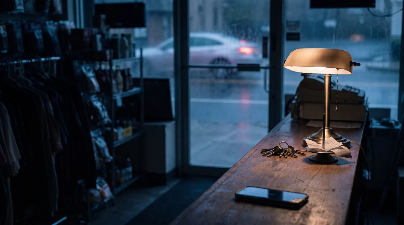 A small business front counter just after closing: one lamp, a phone lying dark, a spike of paper message slips, the wet street at blue hour through the door