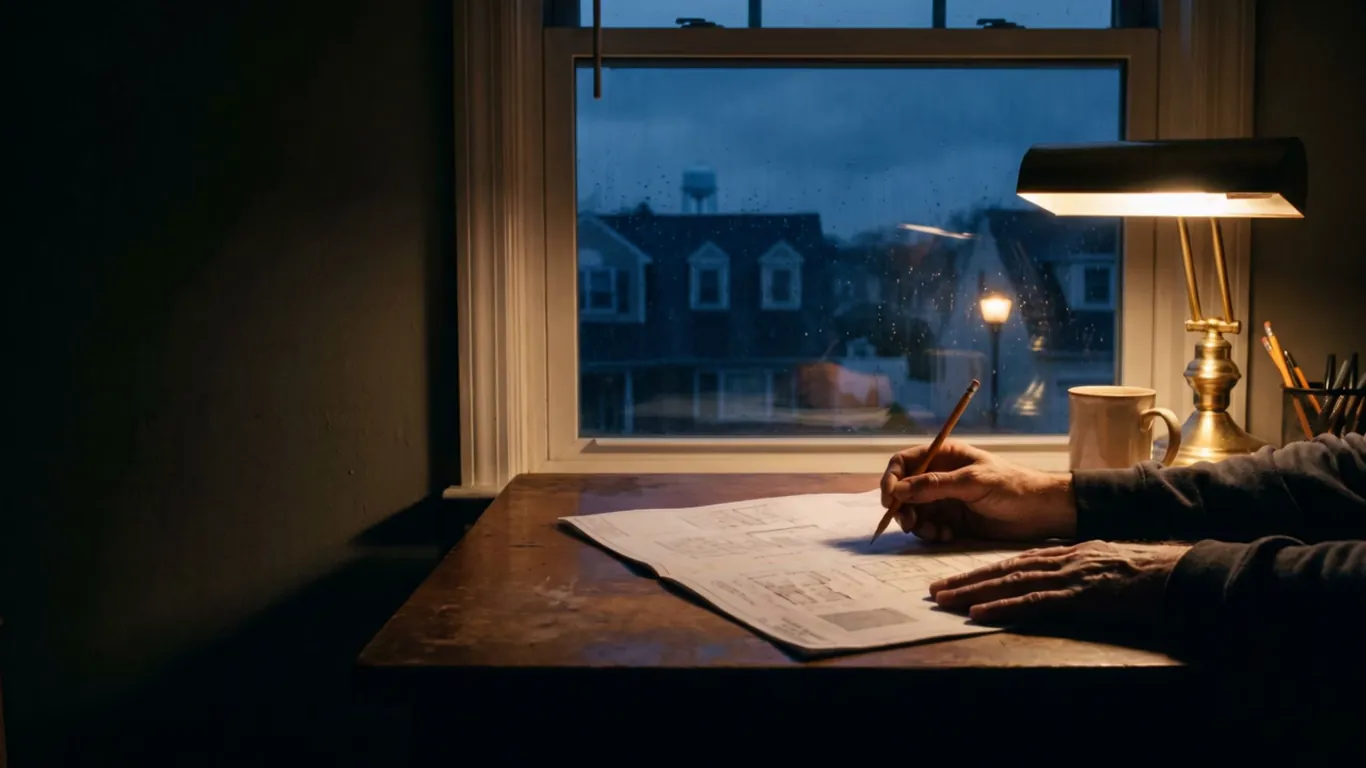 A builder's desk by a window at blue hour: two hands over printed page layouts, a pencil, a lamp, rooftops going dark outside