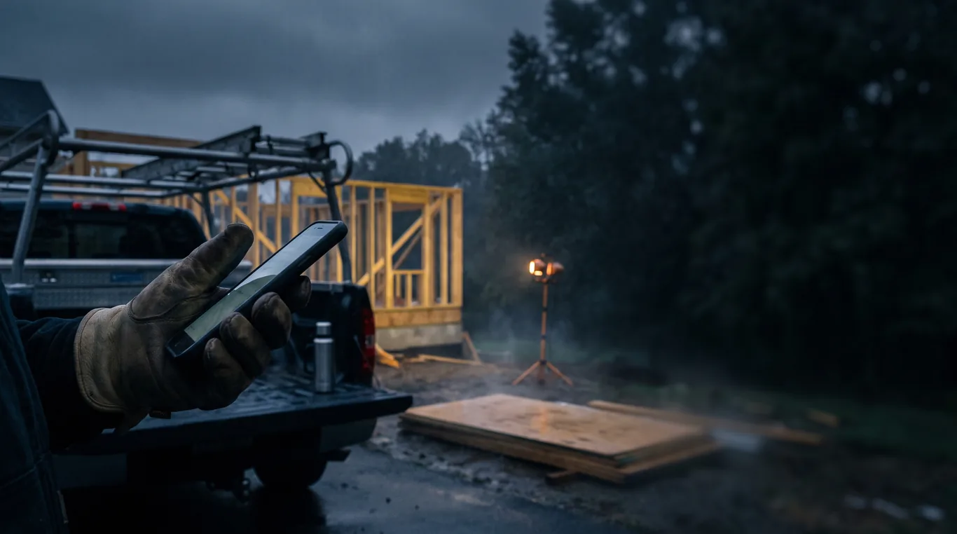 A work-gloved hand holding a phone at a job site at first light, the screen glowing, a pickup and a framed addition out of focus