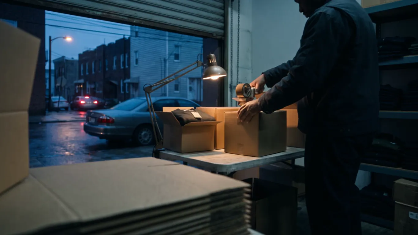 Hands tape a kraft shipping box under one desk lamp in a small Newark stockroom at night, the roll-up door open to a wet street