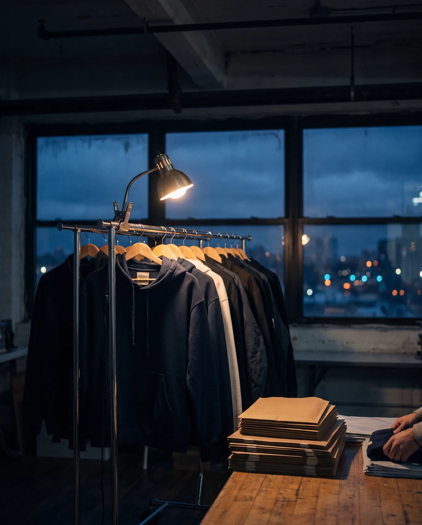 A rack of finished garments with cloth tags beside a stack of plain brown mailers under one lamp in a night studio