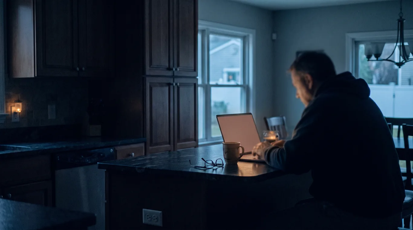 A person at a dark kitchen island late at night, out of focus, lit only by an open laptop facing away from the camera