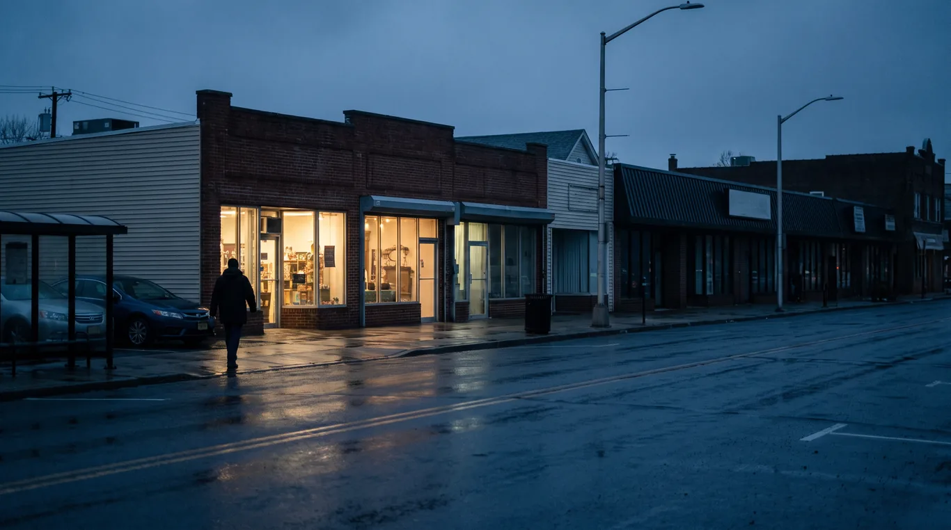 A row of small-town storefronts at blue hour, three windows lit and the rest dark, wet sidewalk