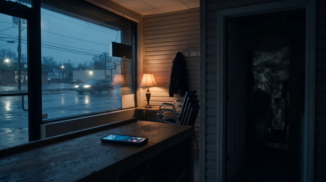 A phone lighting up on the counter of an empty shop after hours, chairs stacked, the street at blue hour through the door glass