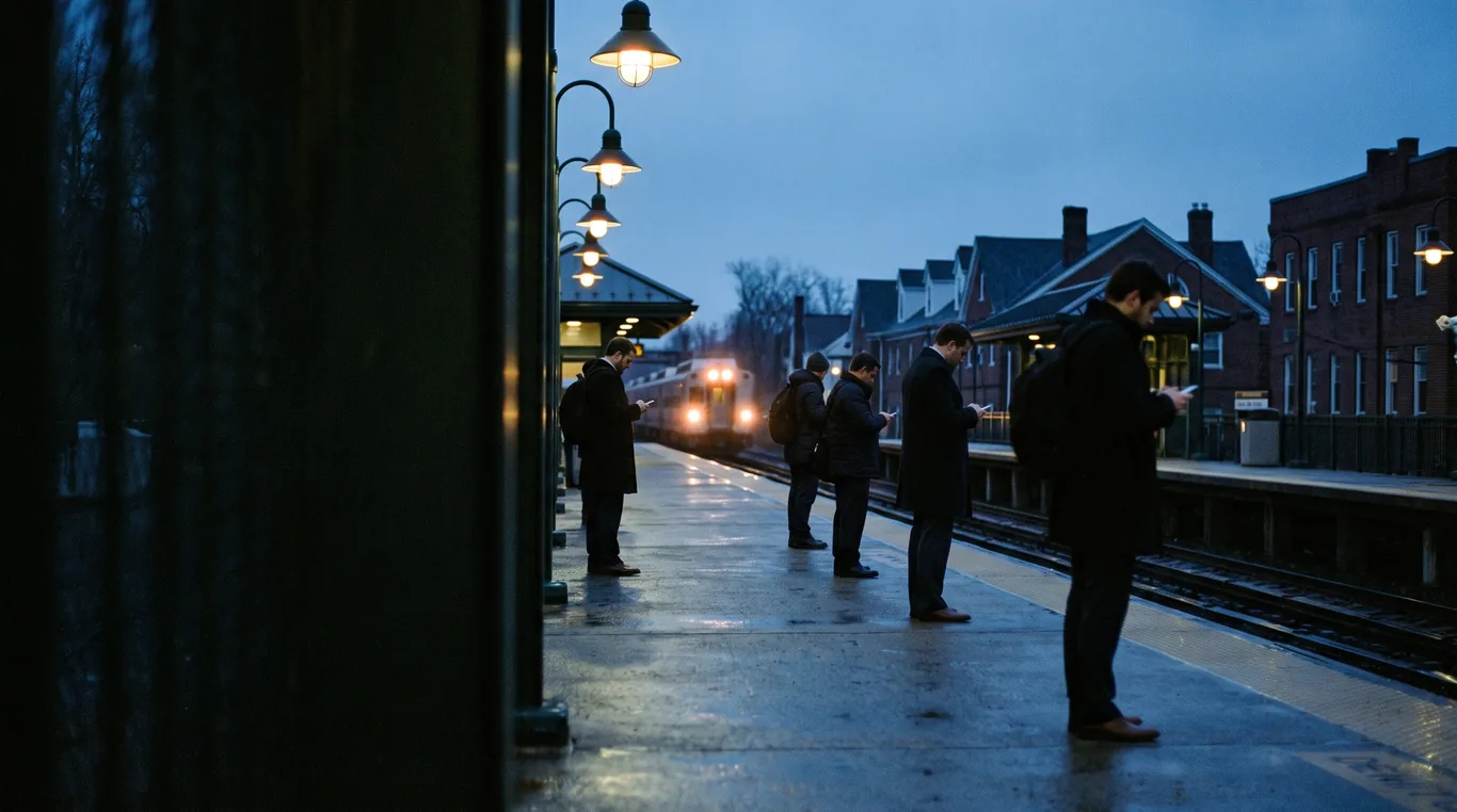 Commuters on a New Jersey train platform at dusk, backs to the camera, each lit by a phone screen