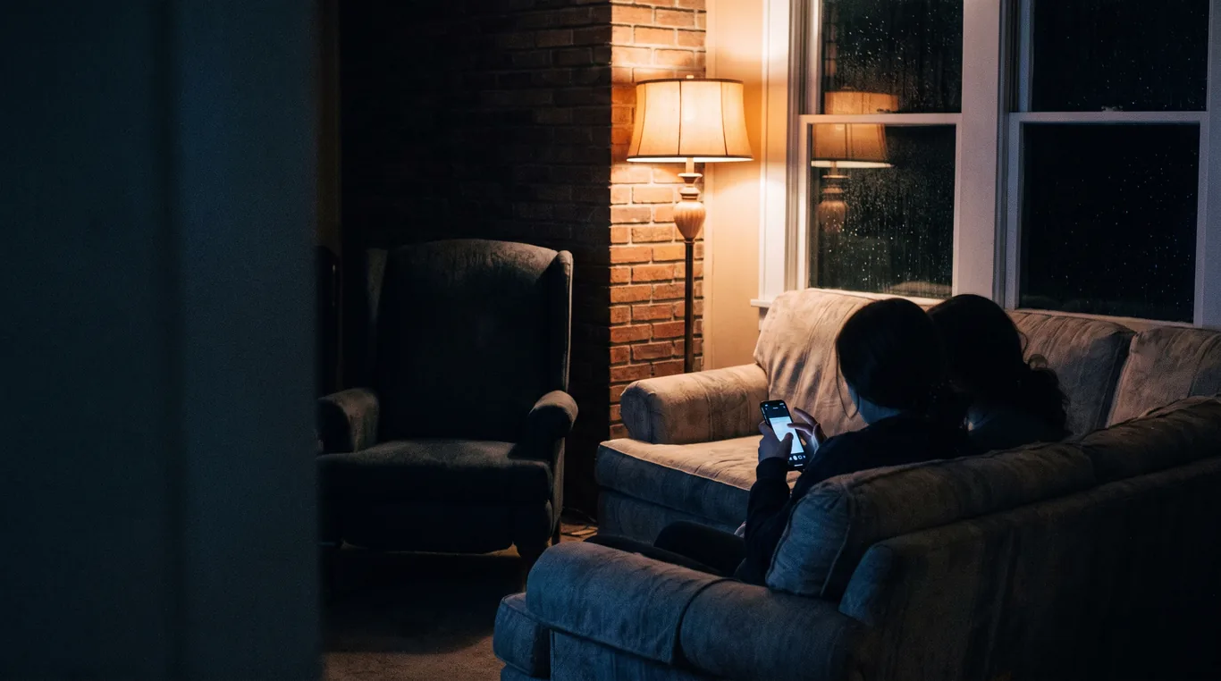 Two people on a couch at night reading one phone together, seen from behind, a lamp and a rain-dark window