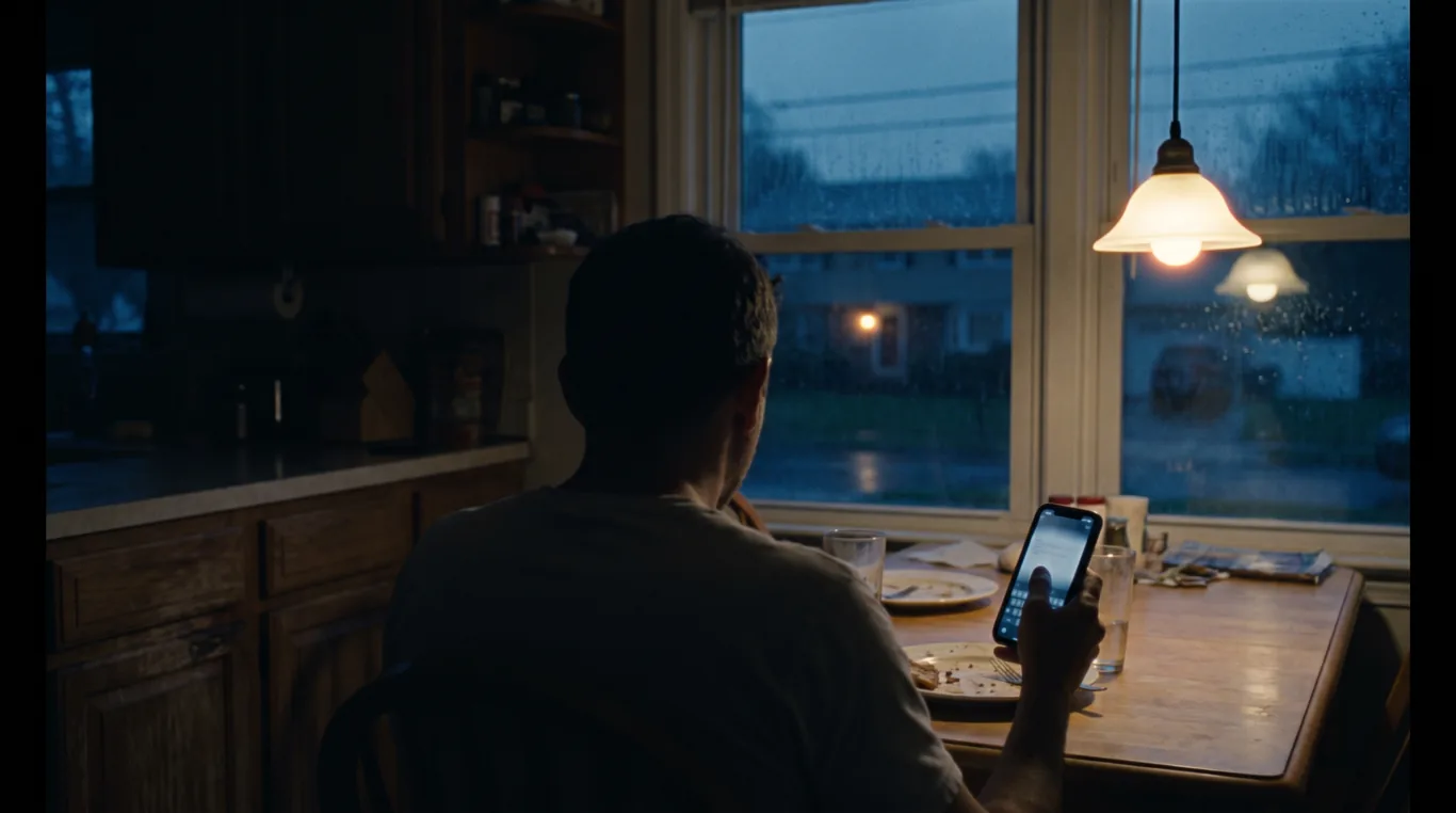 A hand holding a phone at a kitchen table at night, the screen glowing, a dark New Jersey street through the window