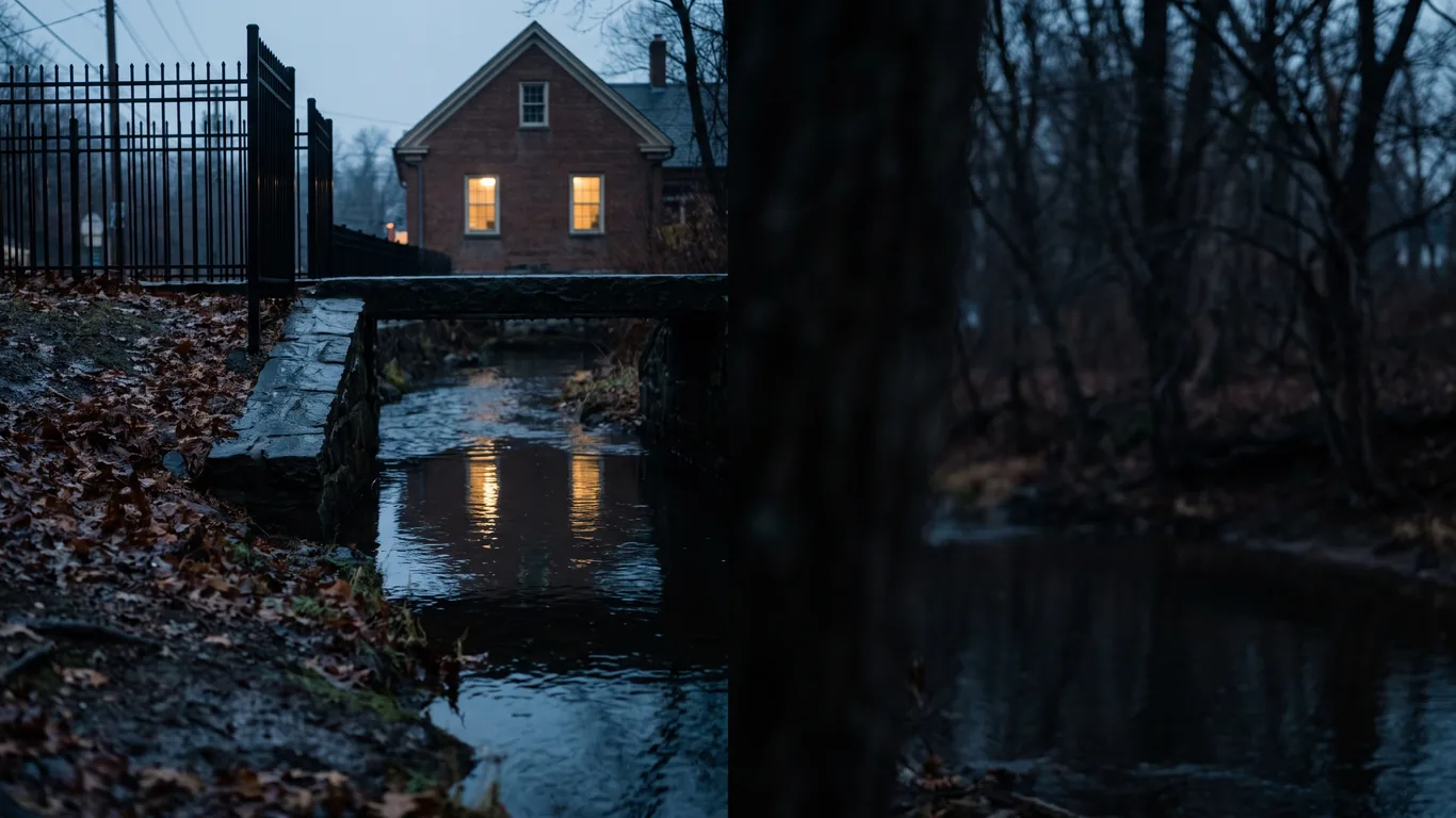A small river running under a stone footbridge beside a New Jersey downtown at blue hour, lit windows reflected in the water