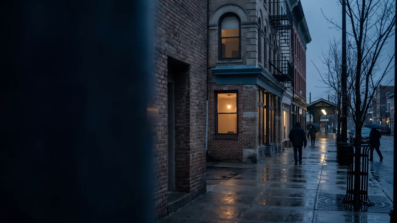 A walkable downtown block of older brick buildings at blue hour, a train platform canopy at the end of the street, wet pavement