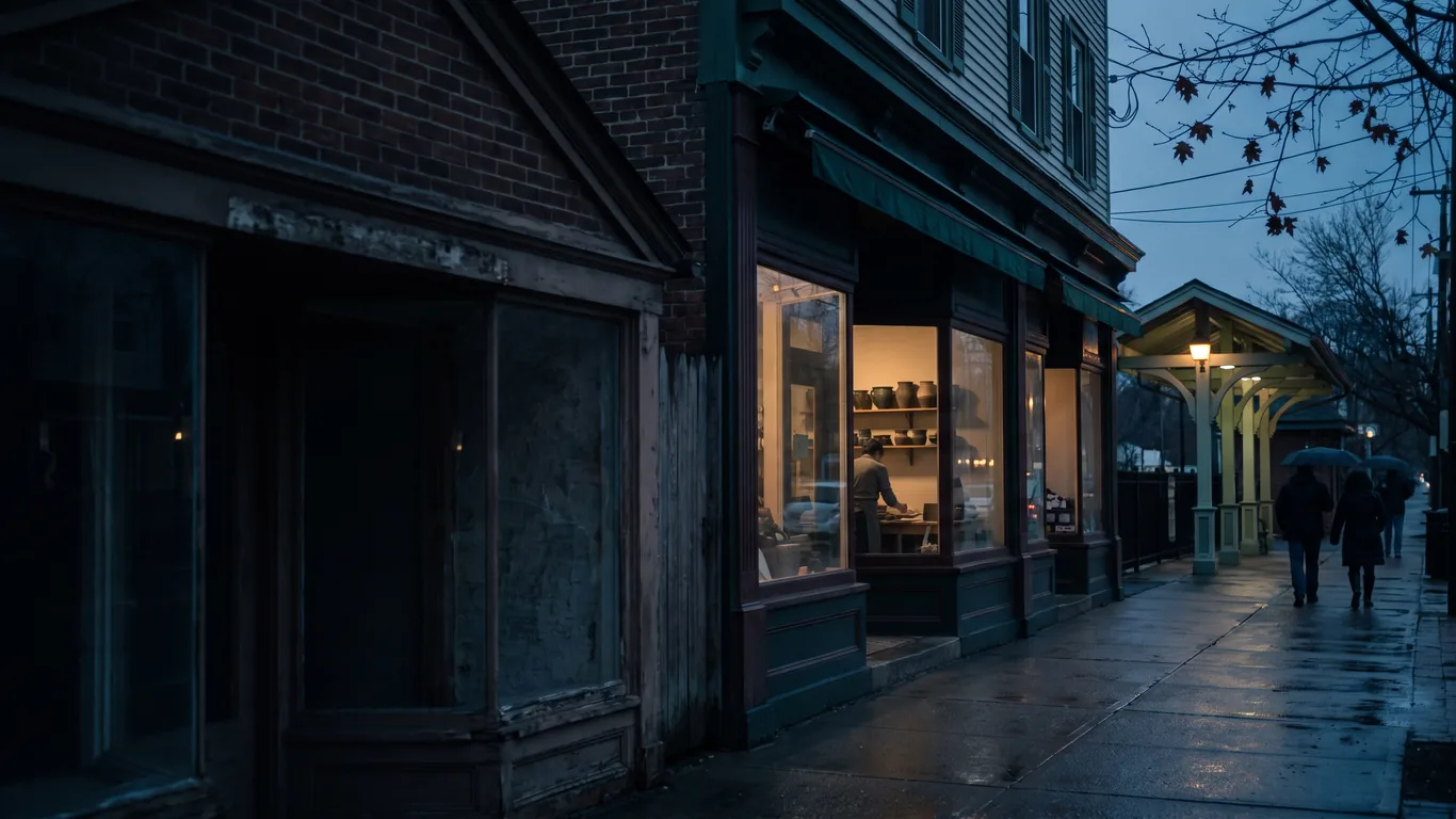 A row of older village storefronts at blue hour with a station platform canopy beyond, wet pavement and lit windows, no readable signs