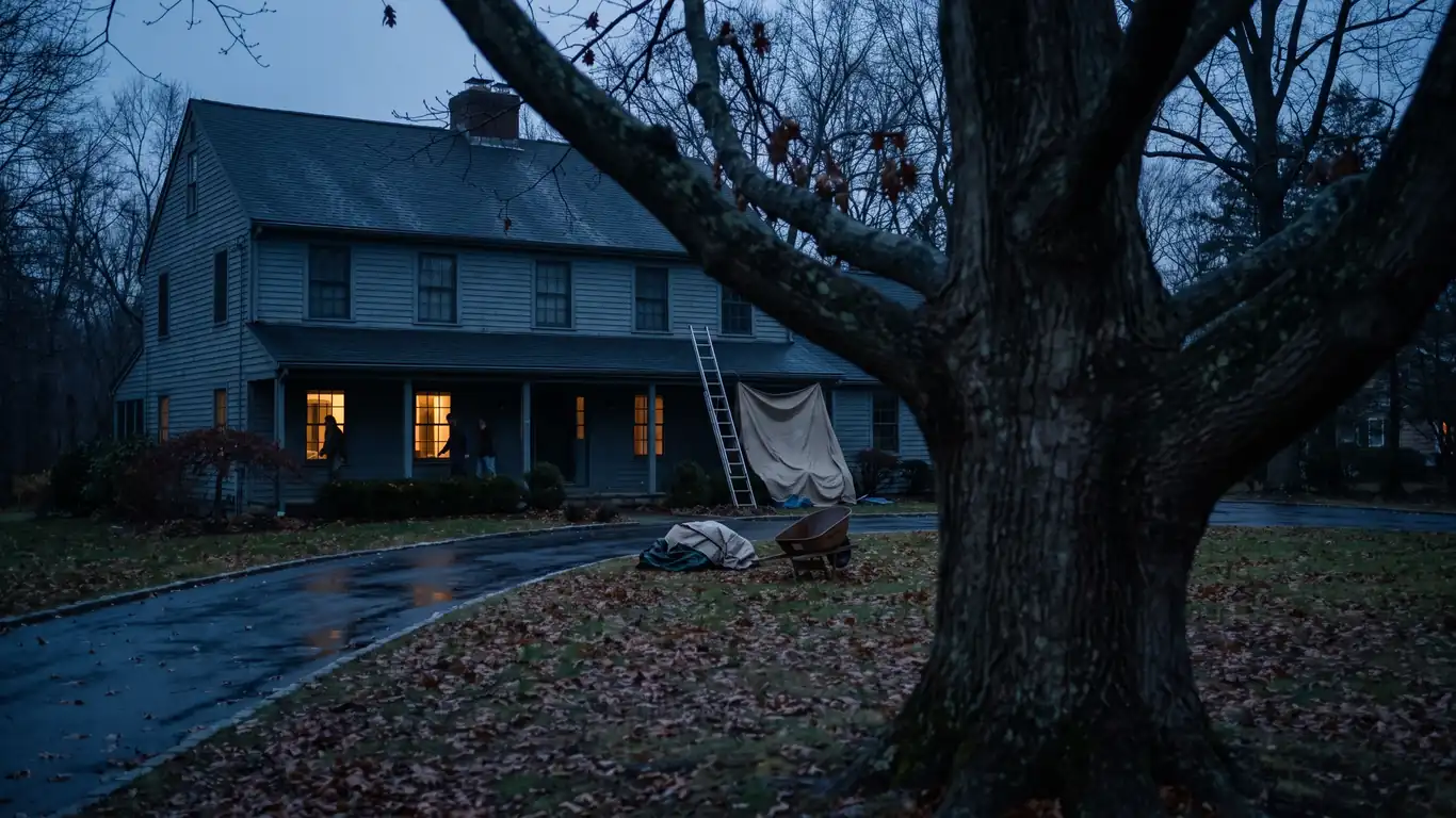 A large colonial house set back on a deep leafy lot at blue hour, an extension ladder against the eaves, wet driveway