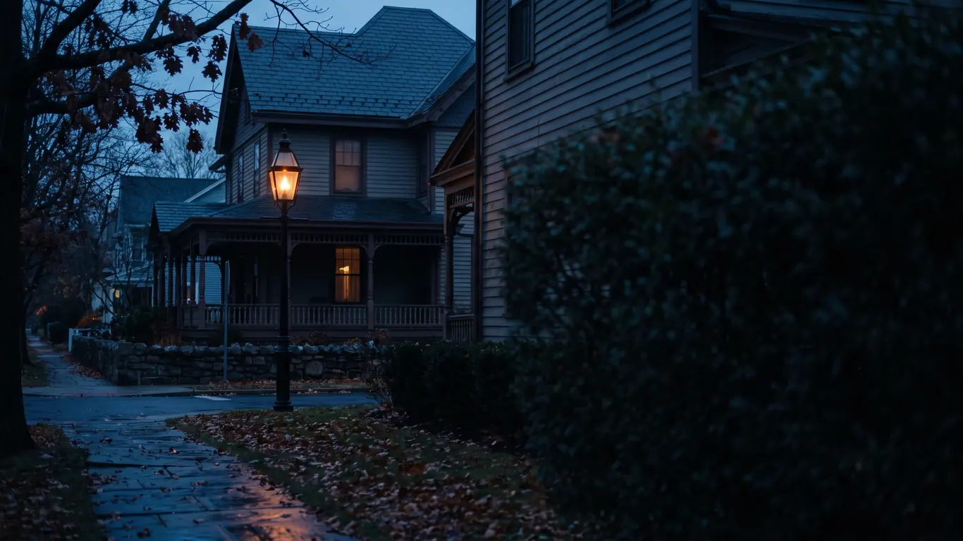 A gas-style street lamp glowing on a village corner at blue hour, a Victorian roofline and porch beyond, wet pavement