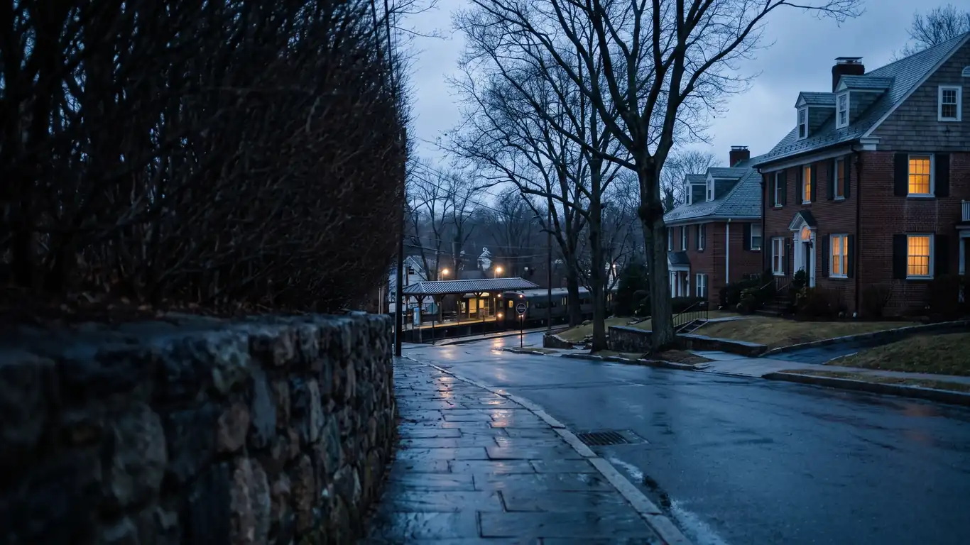 A hilltop street of large homes at blue hour looking down toward a lit commuter platform, wet pavement and stone walls