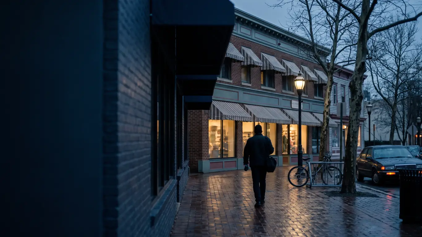 A wet brick sidewalk on a small New Jersey downtown street at blue hour, awnings and lit shop windows receding, no readable signs