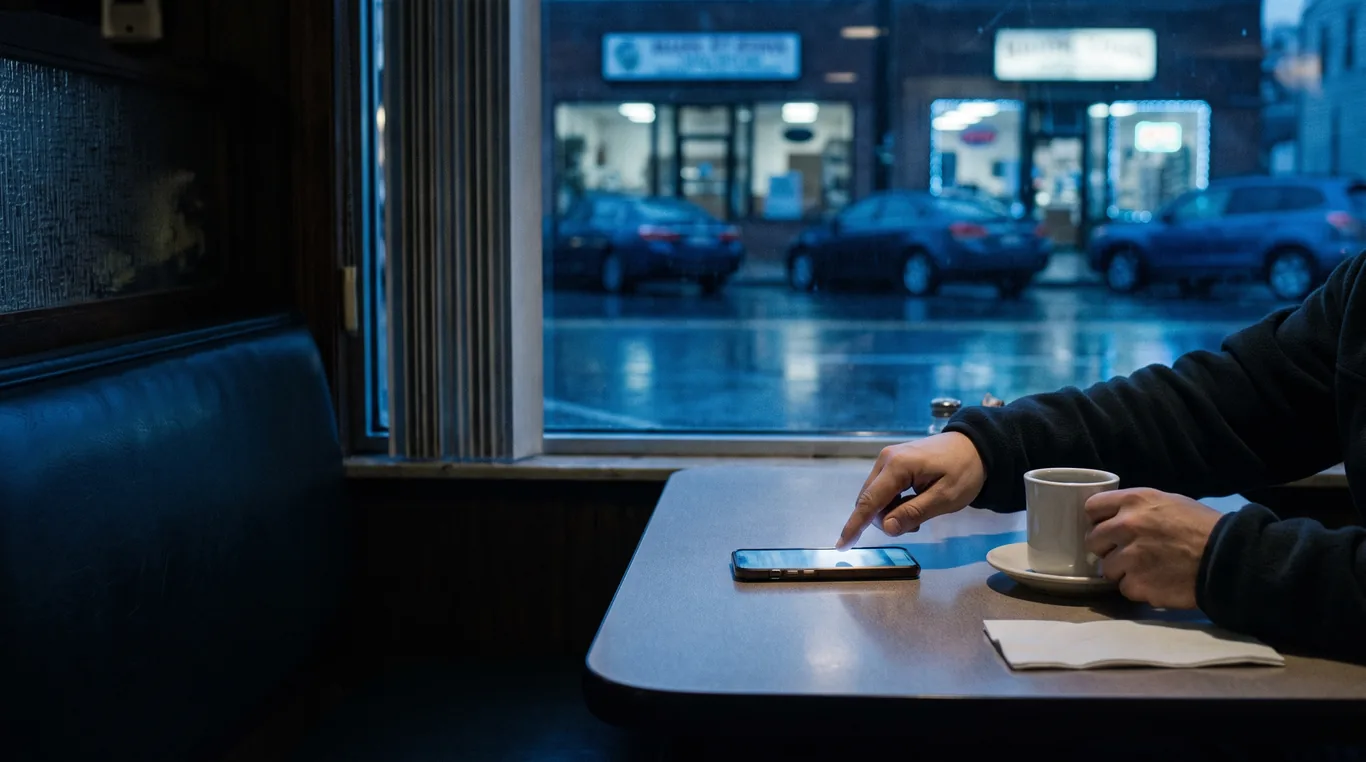 A phone glowing face up on a diner table at night beside a coffee cup, two hands resting by it, the town's main street lit in the window beyond