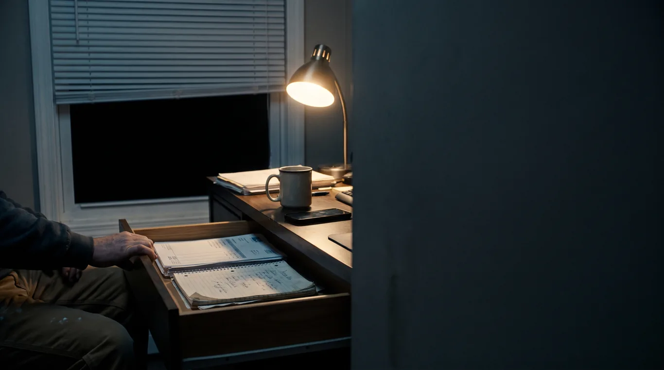 A desk drawer of old paper estimates pulled open under a lamp at night, a hand resting on the drawer's edge