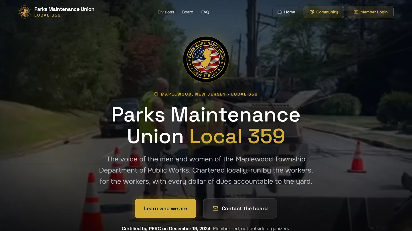 The PMU Local 359 member site captured at desktop width, the member login and community links in the top navigation