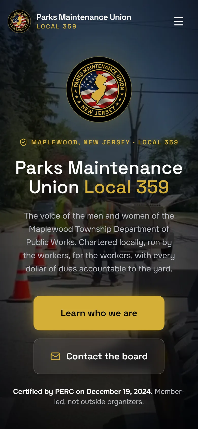 The PMU Local 359 member site captured at phone width, the member menu within thumb reach
