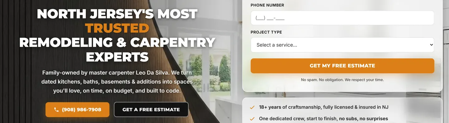 The rebuilt United Carpentry homepage captured live at desktop width, the headline and the phone number beside a quote form
