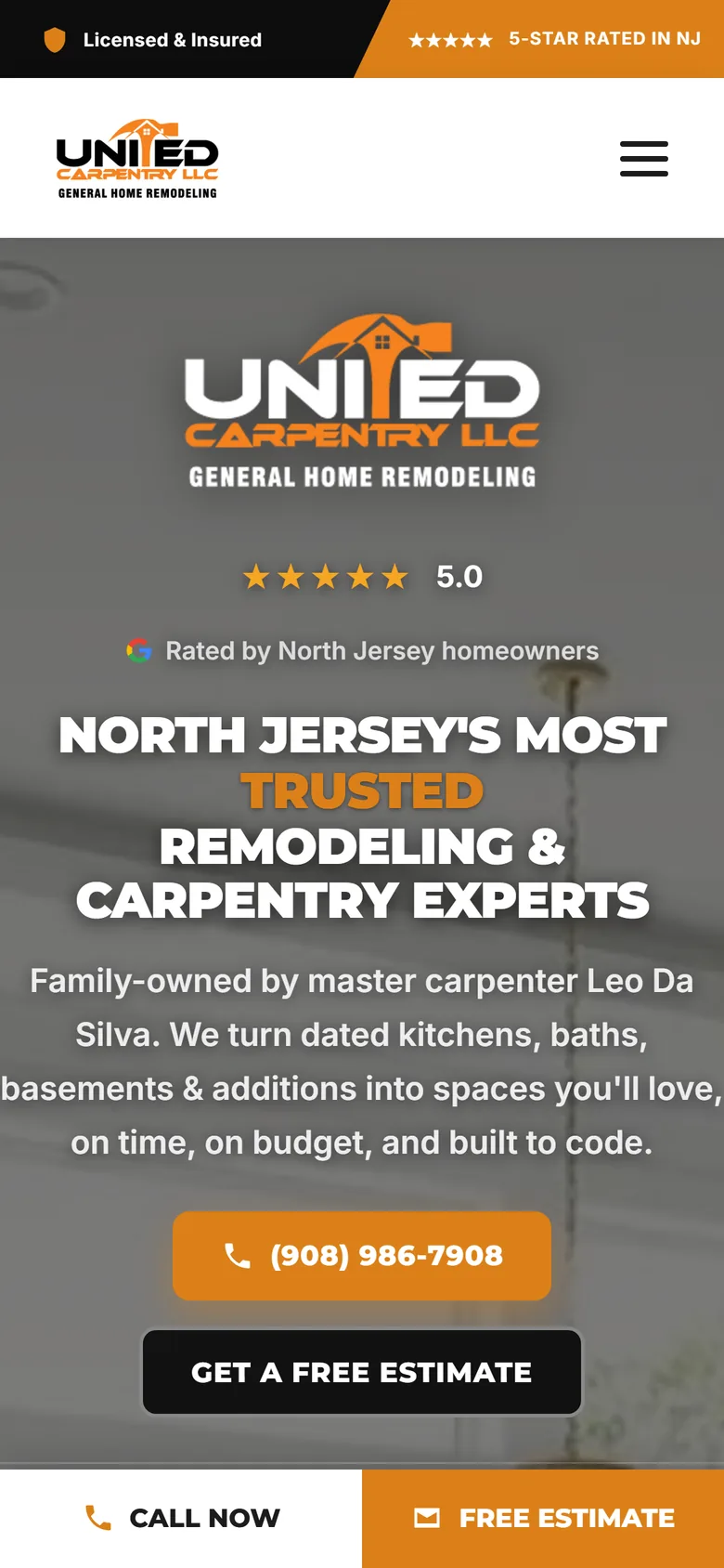 The rebuilt United Carpentry homepage captured at phone width, the call button pinned within reach