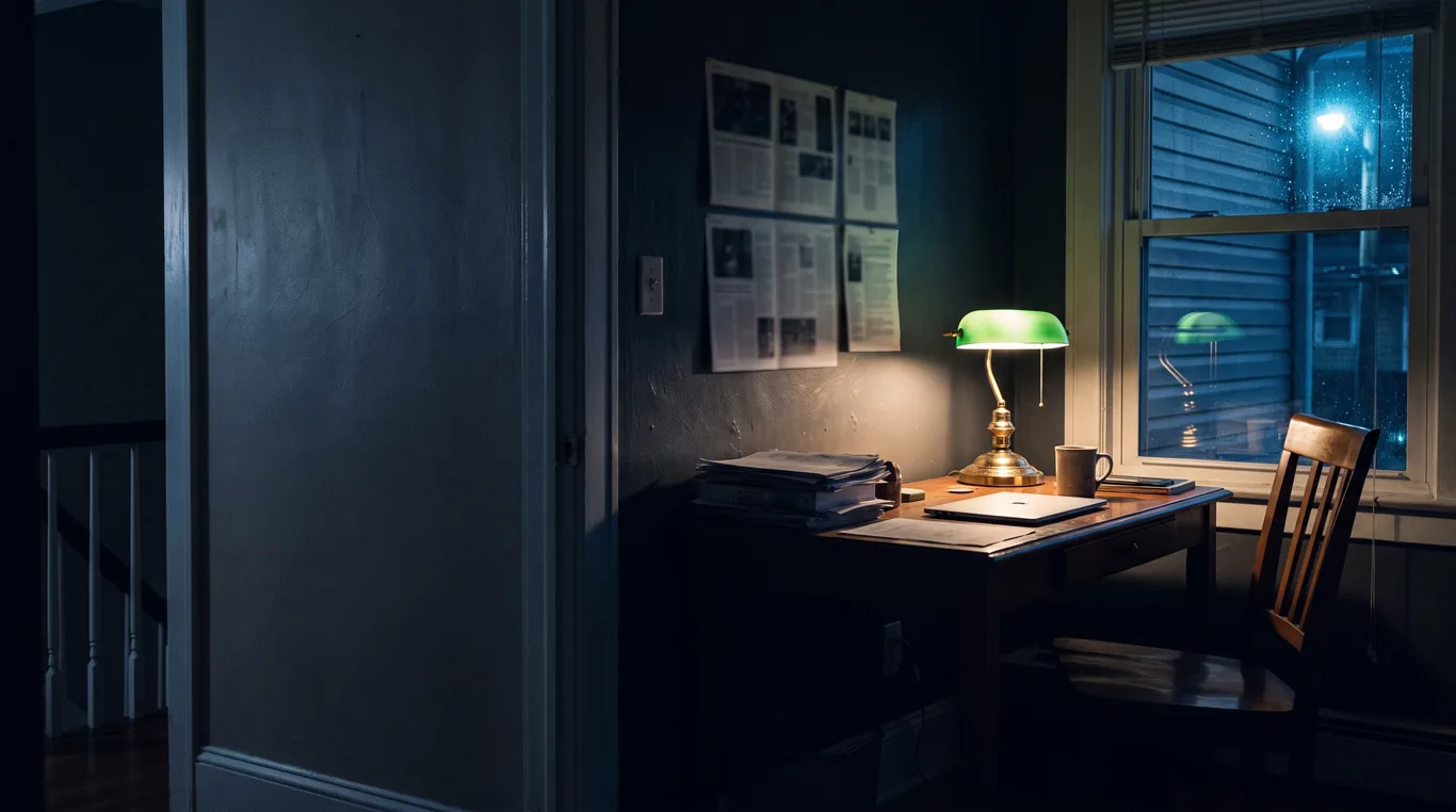 A builder's desk at night after the work: the lamp still on, the laptop closed, the chair pushed back, printed layouts pinned to the wall