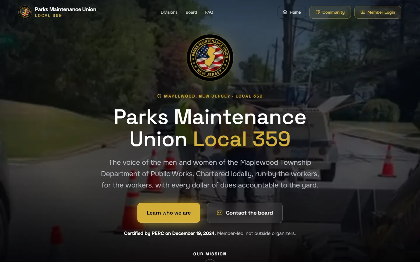 The PMU Local 359 member site at desktop width, captured live