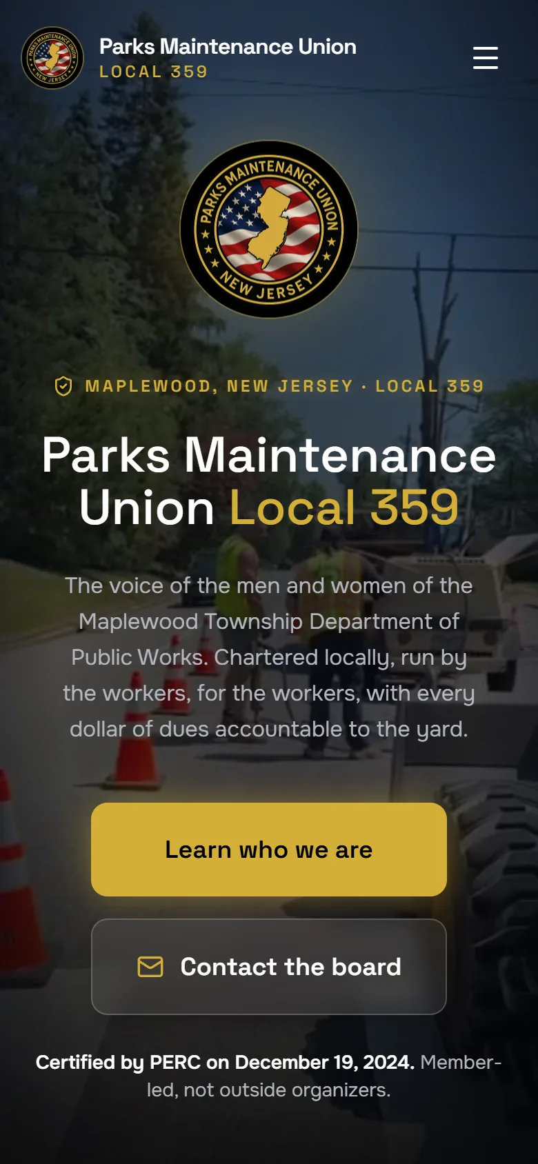 The PMU Local 359 member site on a phone, captured live