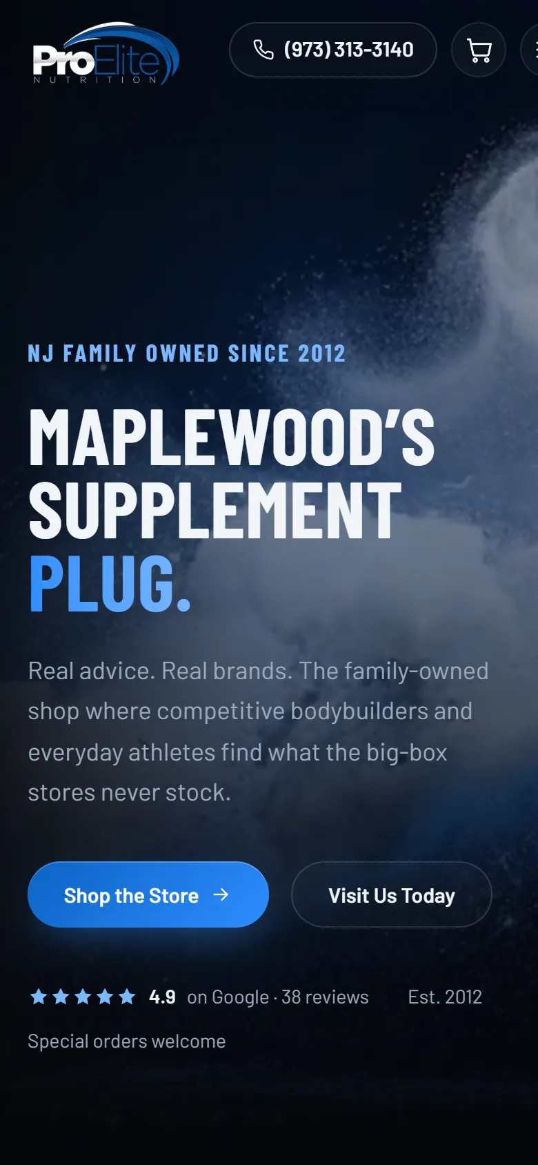 The Pro Elite Nutrition online store on a phone, captured live